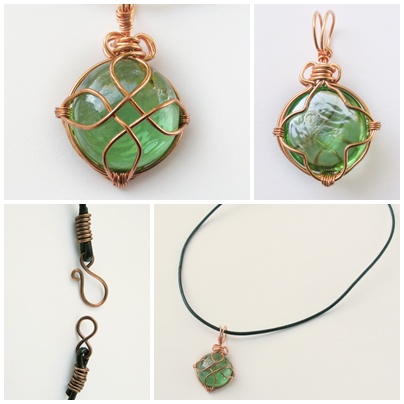 wire wrapped cabocon 'Earth' with leather