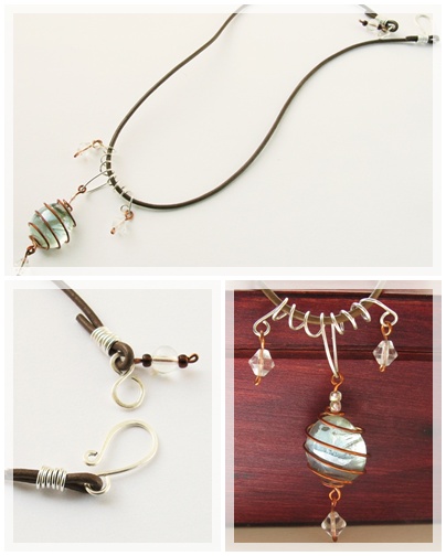wire wrapped cabocon 'Air' with leather necklace