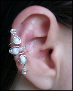 wire wrapped earcuff, silver and white beads