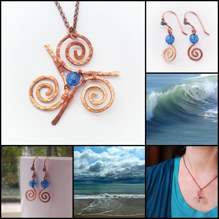 Lied van Lir, koperen triskel hanger en spiraal oorbellen